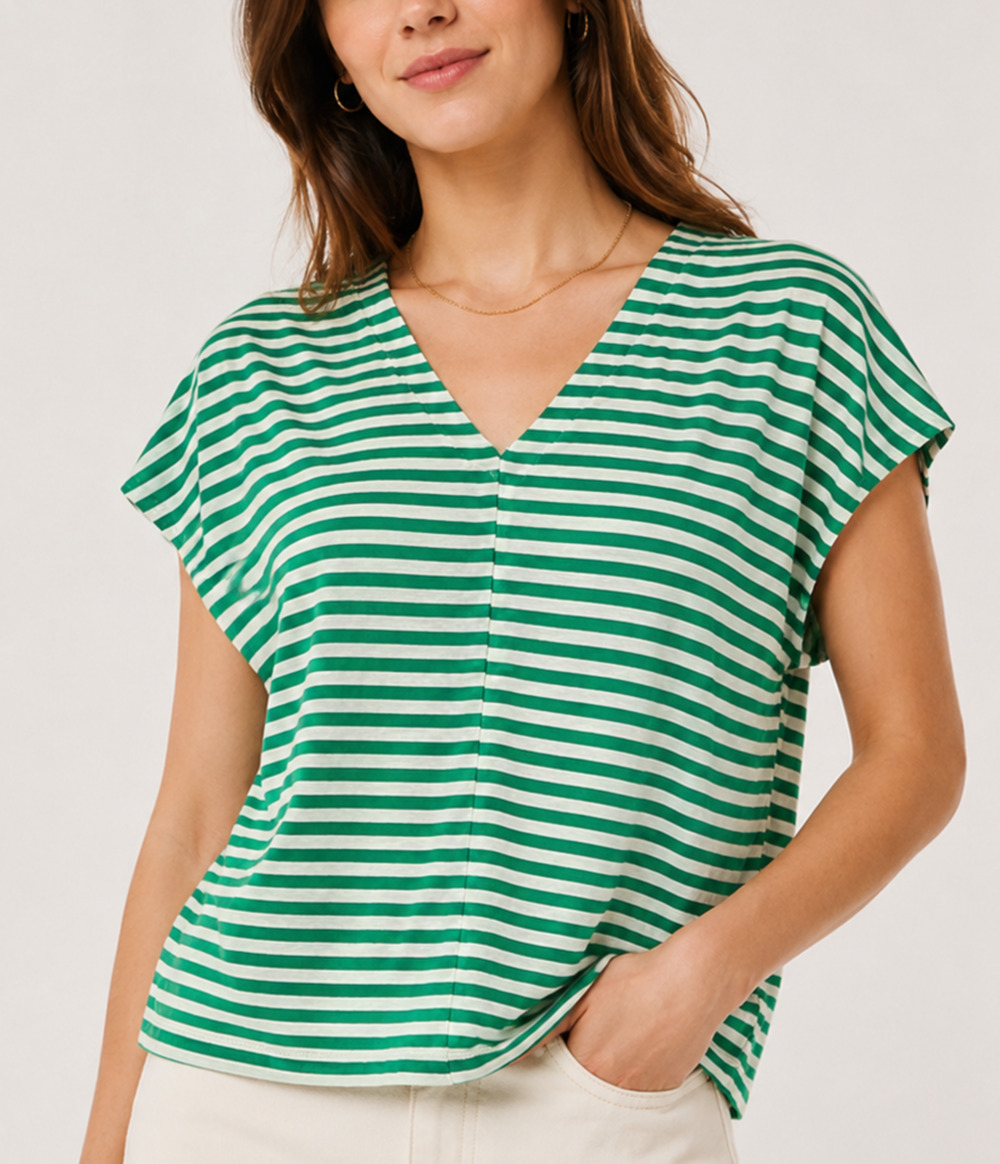 J. Jill Womens Petite XS Green White Stripe V Neck Linen Viscose Top Resortwear